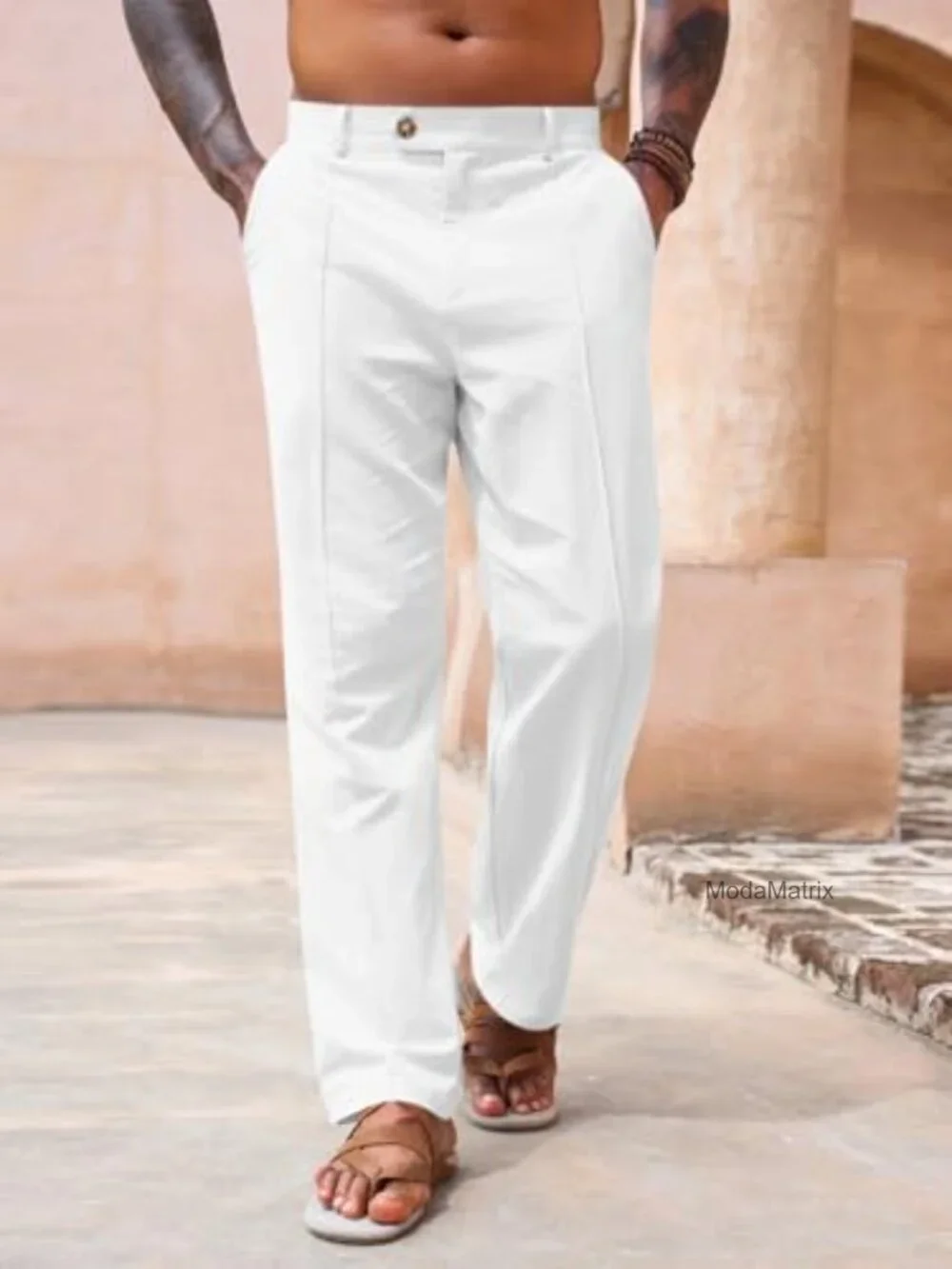 Mens Casual Pants Elastic Waist Cotton Linen Pleated Loose Fit Lightweight Yoga